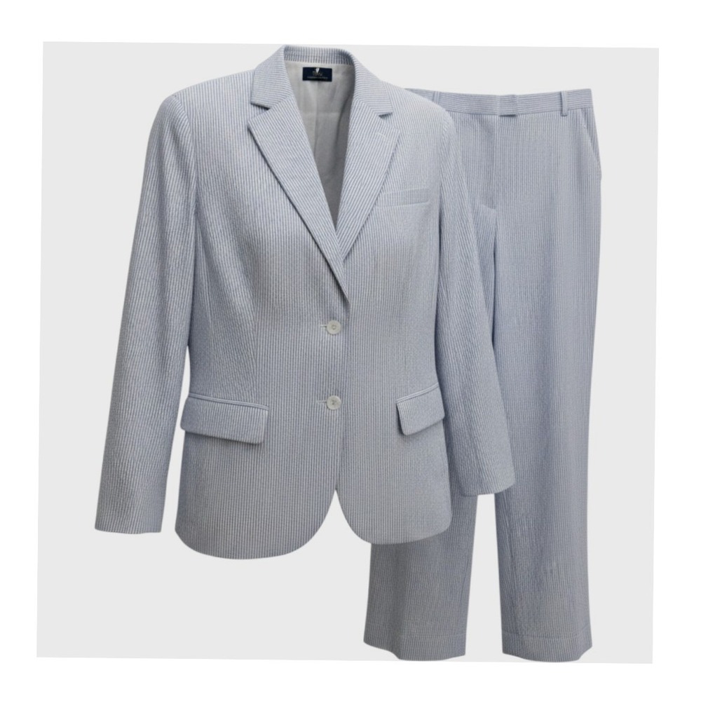 Brooks Brothers 346 Seersucker Pant Suit Women 16 Blue White Stripe Blazer Set